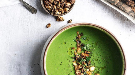 Pea soup with our Harissa & Chickpea Cracking Snacks