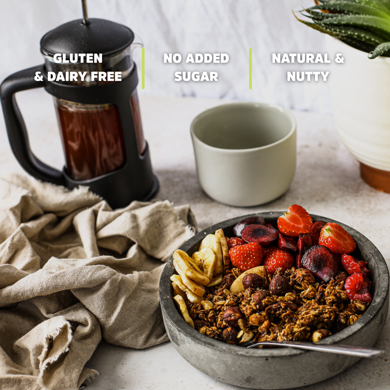 healthy, natural and nutty granola made by hand with zero sugars, vegan granola, gluten-free granola