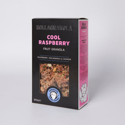 Packaging of Rollagranola Cool Raspberry Fruit Granola with macadamia and cashew nuts.