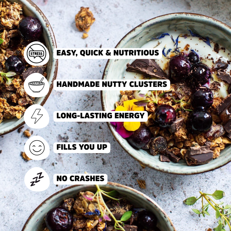 Natural chocolate granola bowls, packed with nuts with zero sugars, gluten-free and vegan. 
