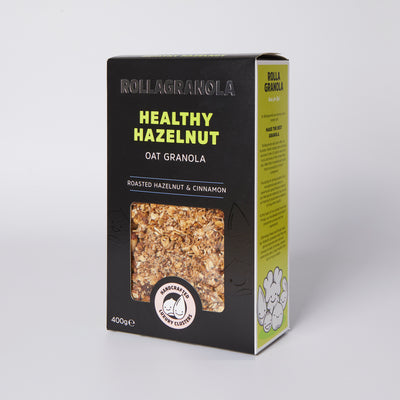 Box of Rollagranola Healthy Hazelnut Oat Granola with roasted hazelnut and cinnamon.