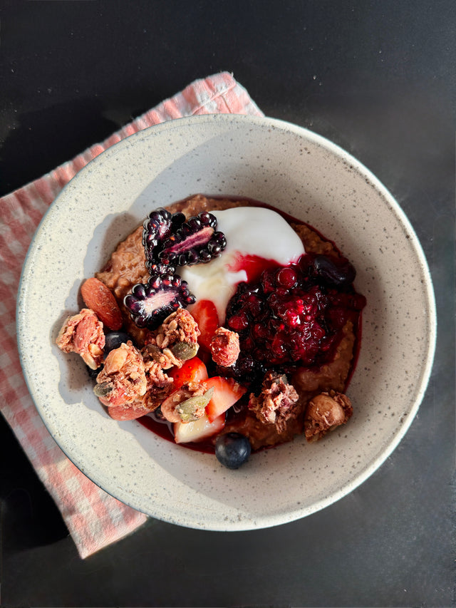 Nutty and natural granola with yoghurt and fruit.