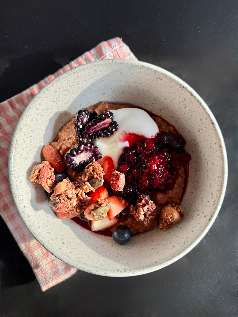 Nutty and natural granola with yoghurt and fruit.
