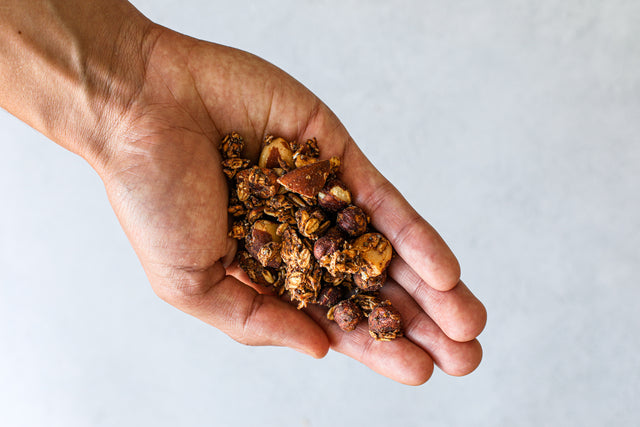 Healthy granola made with hazelnuts, Brazil nuts and sweetened with fruit. Gluten-free and vegan granola