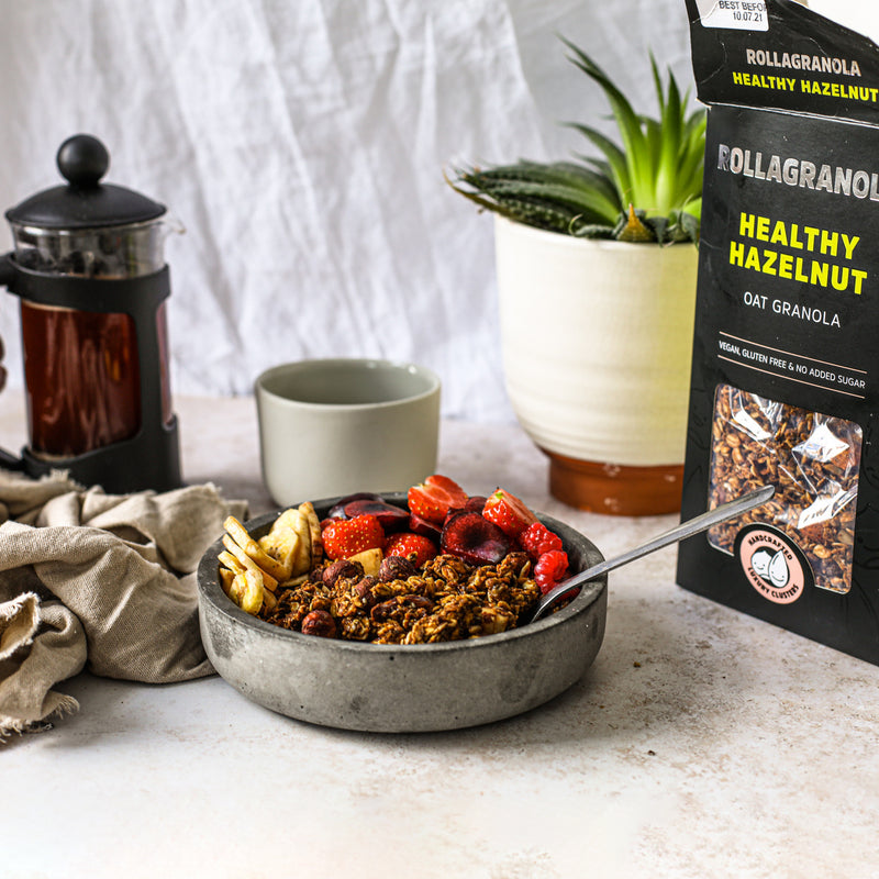 Delicious natural granola with fresh berries and coffee. 