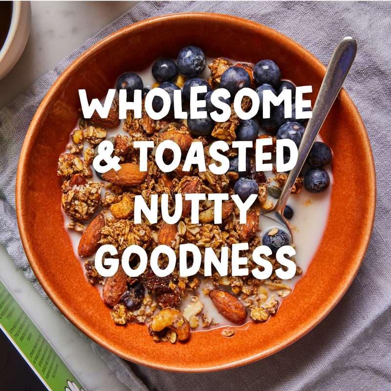 A bowl of delicious granola, wholesome, natural and tasty granola with no added sugar and all natural. Vegan granola and gluten-free.