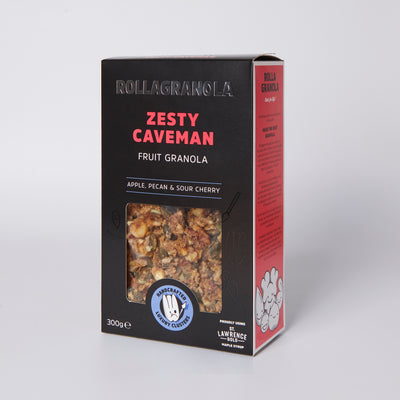Zesty Caveman Fruit Granola by Rollagranola, apple, pecan & sour cherry, 300g black box.